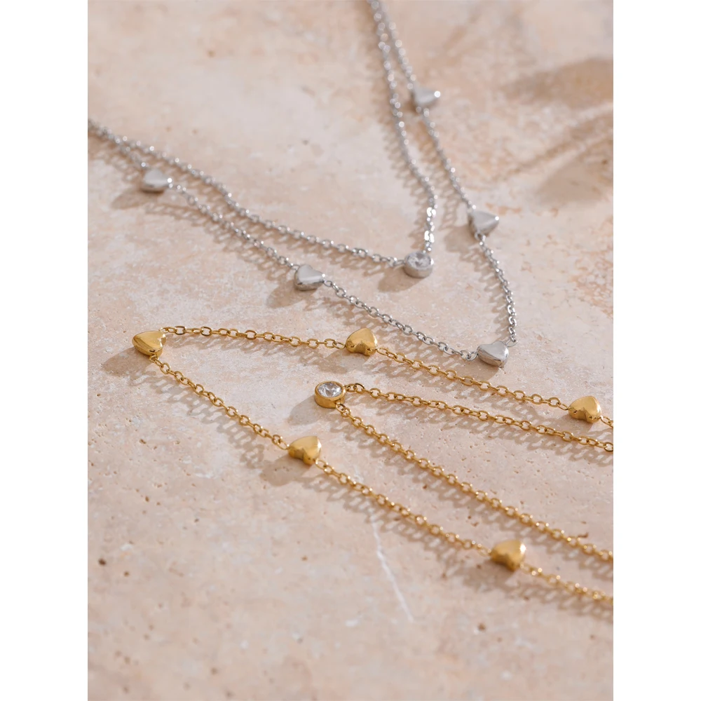 Yhpup Double Layer Zirconia Heart Necklace