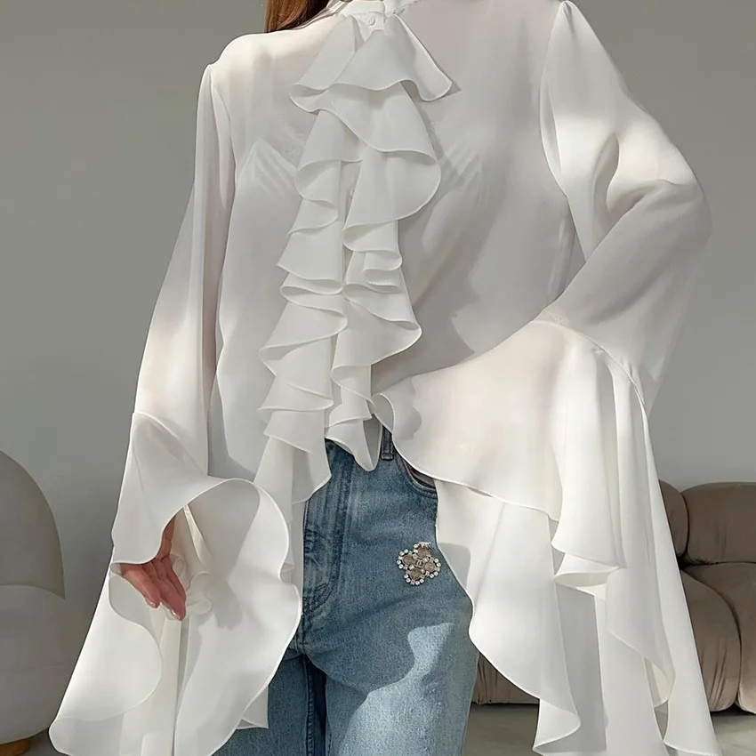 

White Chiffon Design, Round Neck, Flared SleeveS, Ruffled EdgEs, Shirt, 2024 Spring/Summer New Fashionable Women's Shirt