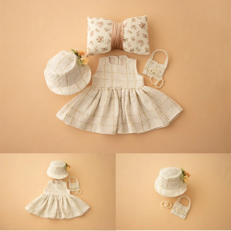 Dvotinst Newborn Photography Props Elegant Small Fragrance Rich Girl Dress Hat Pillow Bracelet Set Studio Shooting Photo Props dvotinst newborn photography props for baby girl lace outfits bodysuit headband pillow fotografia accessories studio photo props