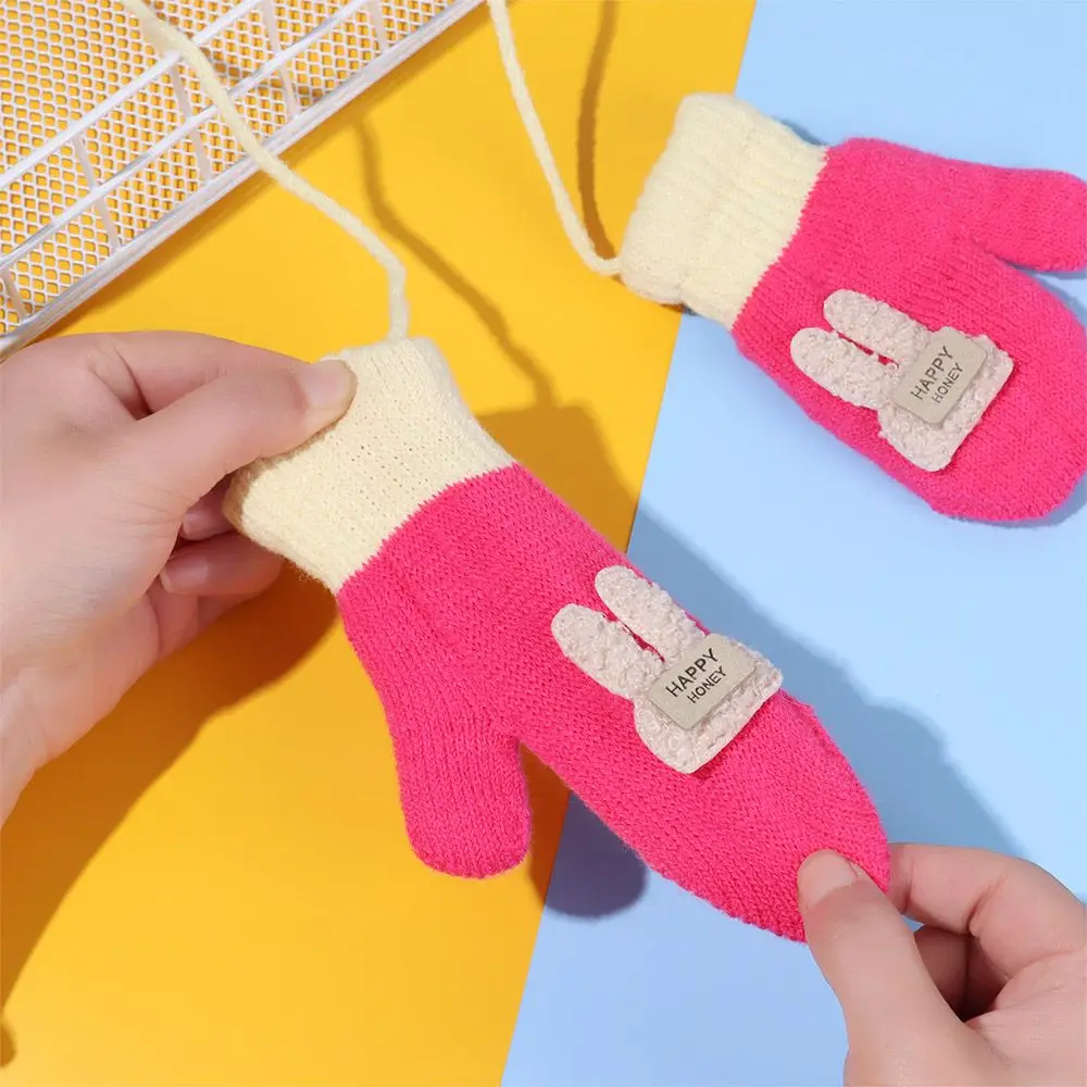 1 paio di guanti invernali caldi per bambini, guanti a maglia con corda, fodera interna in pile, per bambini da 1 a 3 anni, per bambini e bambine
