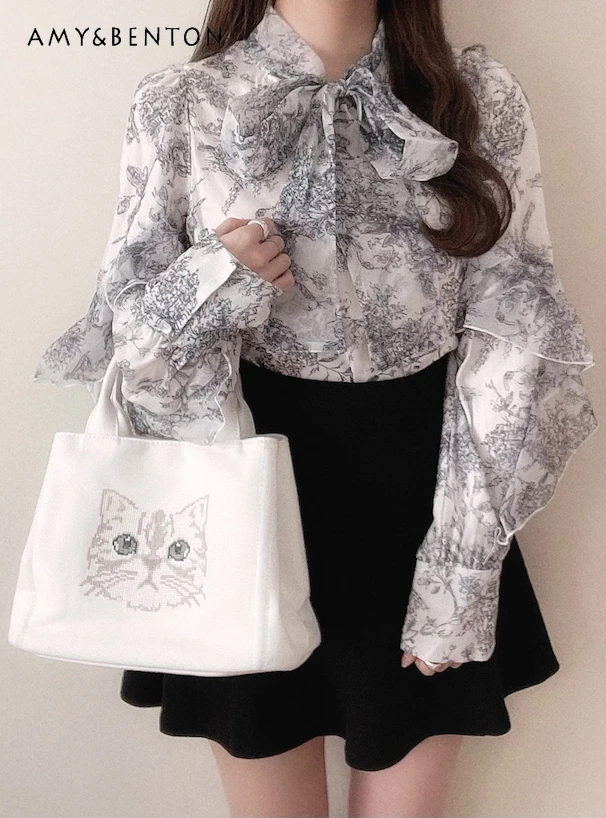 

2023 Autumn New Japanese Sweet Organza Ruffled Bow Floral Long Sleeve Shirt Commute Style Loose All-Match Elegant Blouse Women