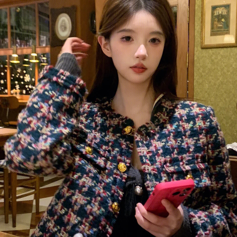 

Korean Fashion Small Fragrance Women's Jacket 2023 Autumn New Temperament Loose Tweed Plaid Round Neck Female Coat Tops E02