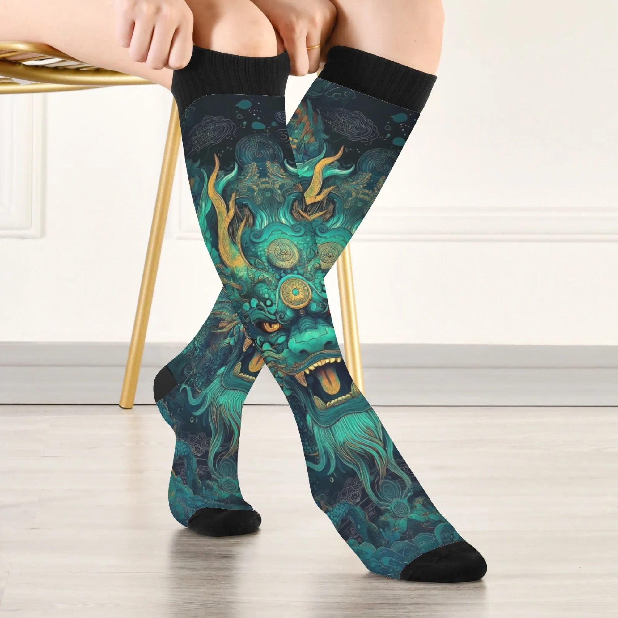 New Chinese style blue-green dragon pattern art Compression Socks Outdoor Sports Riding warm Compress Stretch Stockings Socks