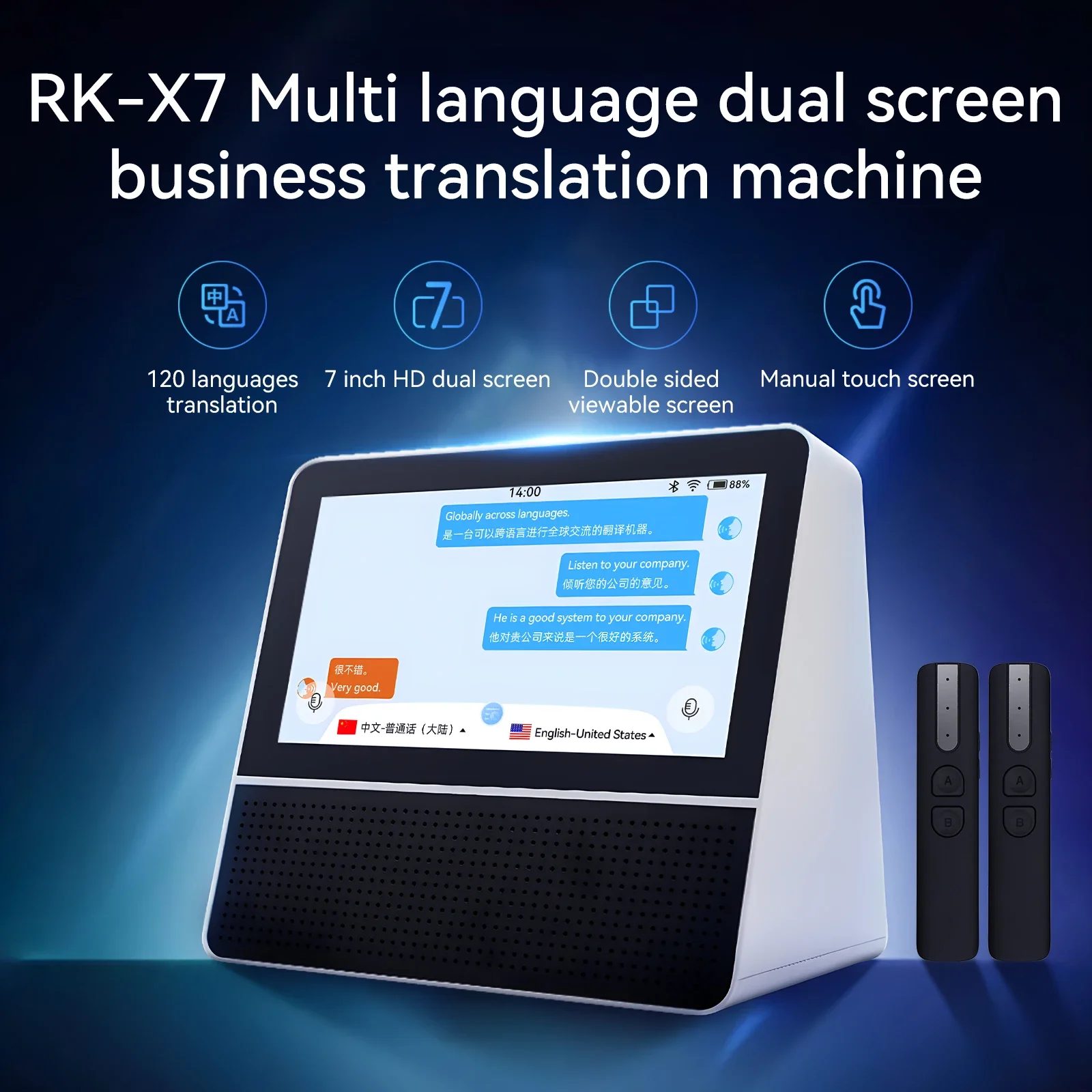 Rk-X7 Multi Language Dual Screen Business Translation Machine Ai Intelligent Oral Real-Time Wifi Bluetooth Hotspot Networking