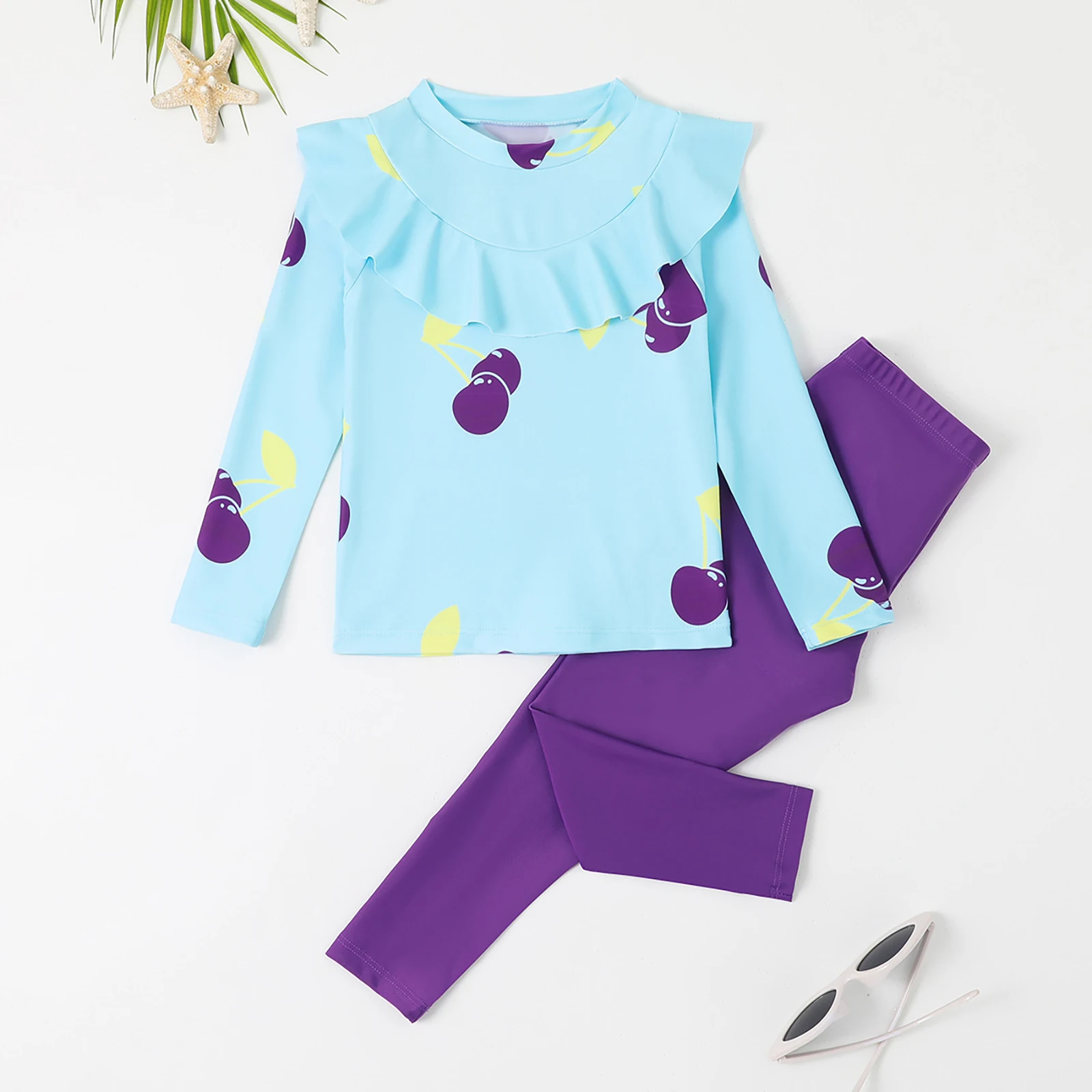 Kids Girls Swimsuit Swim Sets Long Sleeve Ruffle Top With Pants Cute Flounce Swimwear Bathing Suits Beach Rash Guard Set 2Pcs