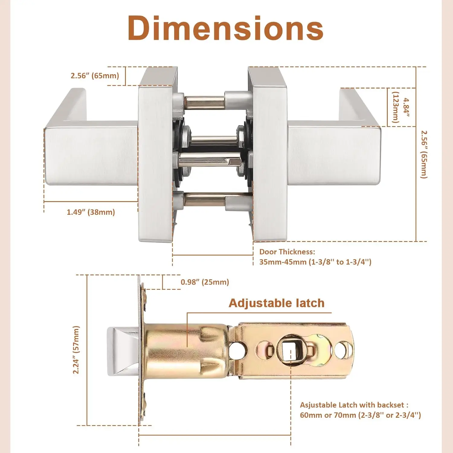 Nickel Square Door Lever Door Lock Handle Lockset Keyless Doorknobs Passage Knobs