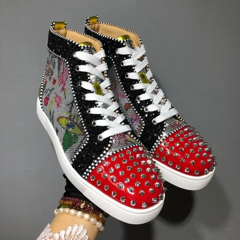 

High Top Color Graffiti Real Leather Toe Metal Studs Red Bottom Shoes For Men Wedding Casual Flats Loafers Sneaker Women Spikes