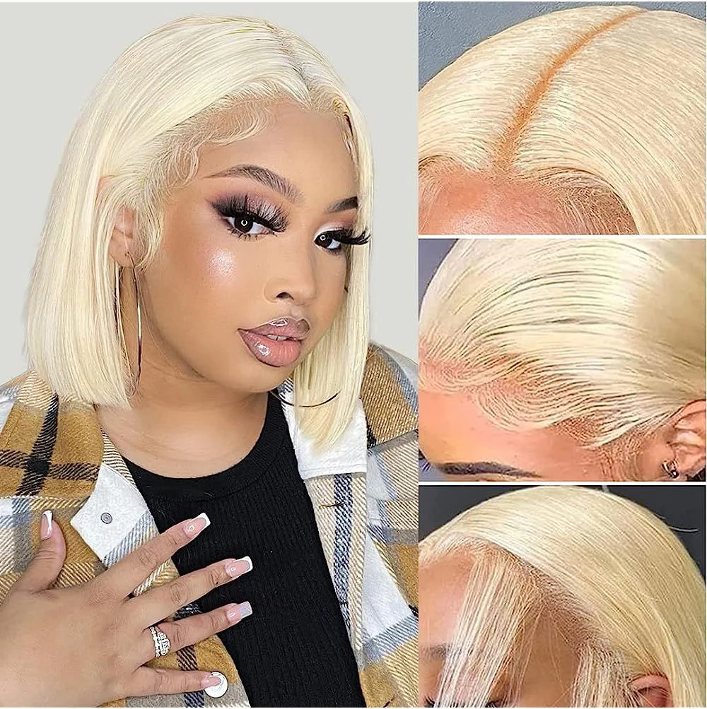 

613 Blonde Bob Wig Human Hair 13x4 Blonde Lace Front Wigs Human Hair Pre Plucked Transparent Lace 180% Density