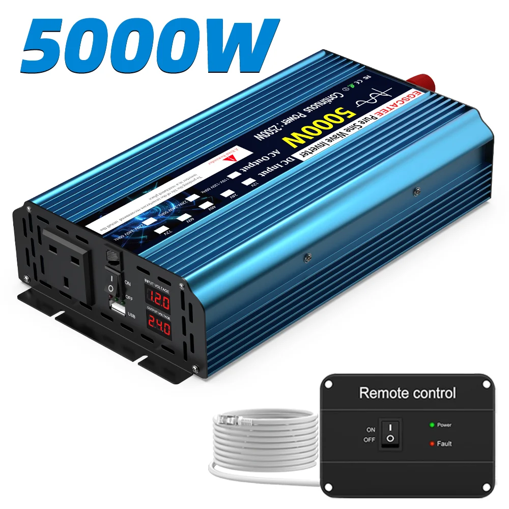 UK plug Pure Sine Wave Power Inverter 5000W DC 12V/24V To AC 240V ...