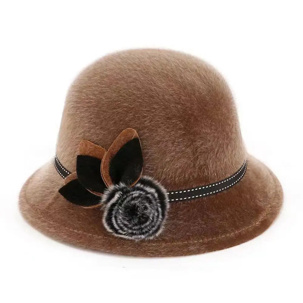 Autumn Winter Imitation Mink Fur Basin Hat Elegant Ladies Fedoras Cap With Flower Vintage Dome Hat Outdoor Sun Hat Wool Hats