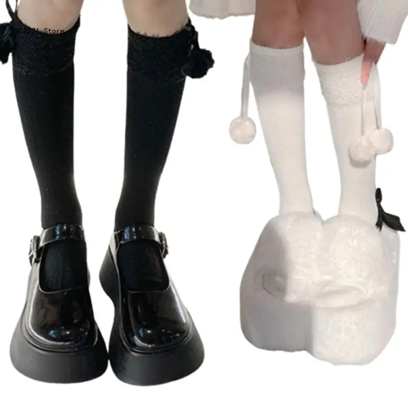 

1 Pair Women Ruffle Socks Girl Lace Topped Calf Socks Frilly Socks with Bowties Cotton Socks Princess Dress Socks