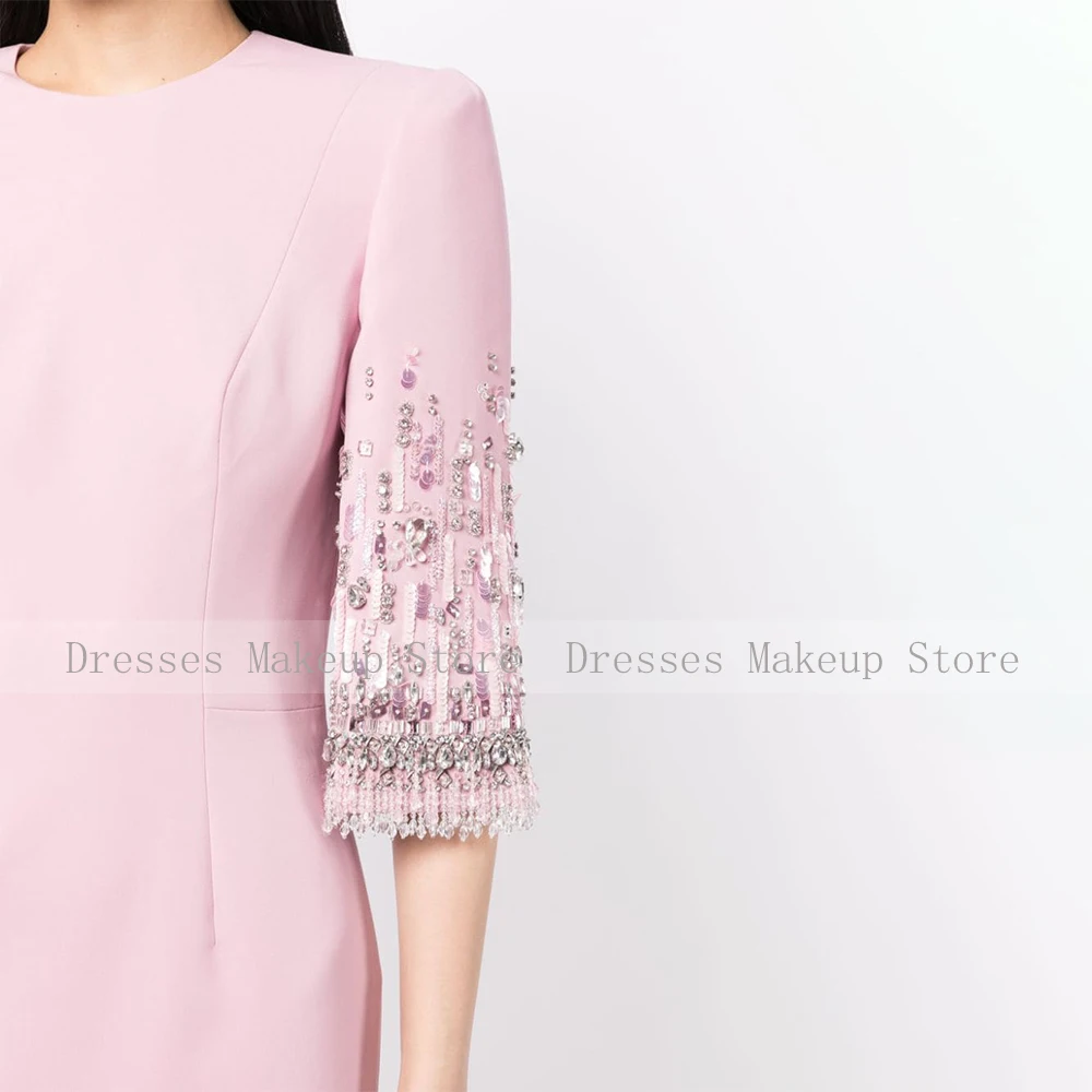 Pale Pink Wedding Guest Dresses for Women Beadking 3/4 Sleeves Mother of the Bride Dress Midi O Neck Column Formal Gowns