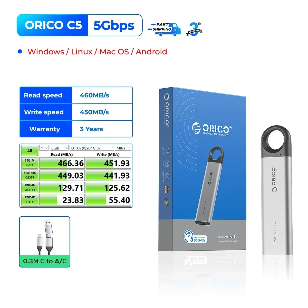 SSD Externo ORICO 2TB - Portátil Até 2000MB/s Com Cabo USB C/A