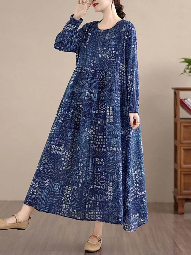 2025 Spring Autumn Cotton Long Sleeve Print Vintage Dresses Women Casual Loose Long Dress Office Lady Vestidos Elegant Clothing
