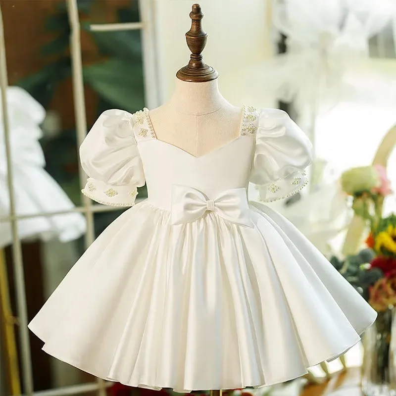 

Cute Baby Girl Lace Beads Big Bow Princess Dresses Infant 1st Birthday Party Ball Gown Newbron Kid White Baptism Tutu Costume