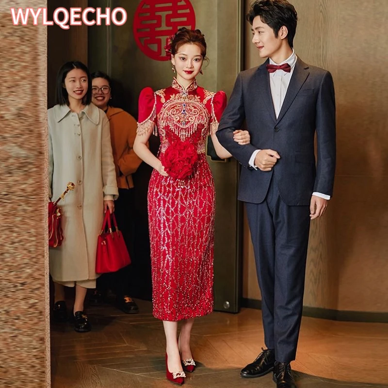 

Big Bow Traditional Chinese Wedding Dresses Women Oriental Standing Collar Beading Qipao Rhinestone Tang Suit China Online Store