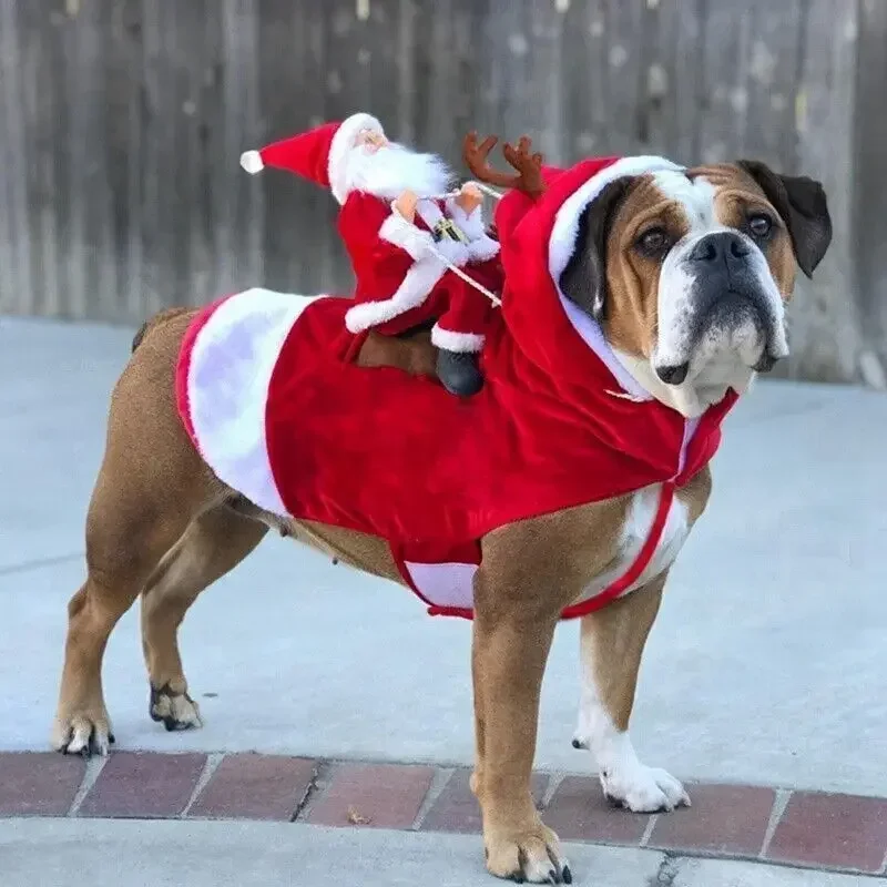 

Рождественское пальто для домашних животных, праздничная Веселая искусственная одежда для косплея Санта-Клауса, одежда для вождения собак, зимнее теплое пальто для собак с капюшоном, красное искусство