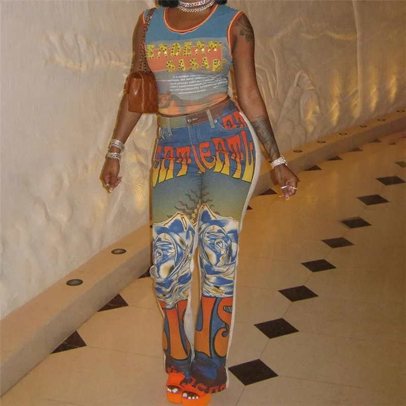 

Fashion Print Slim Fit Casual Flare Pants Women Streetwear 2023 Autumn High Waist Color Patchwork Trousers Y2k Party Clubwear