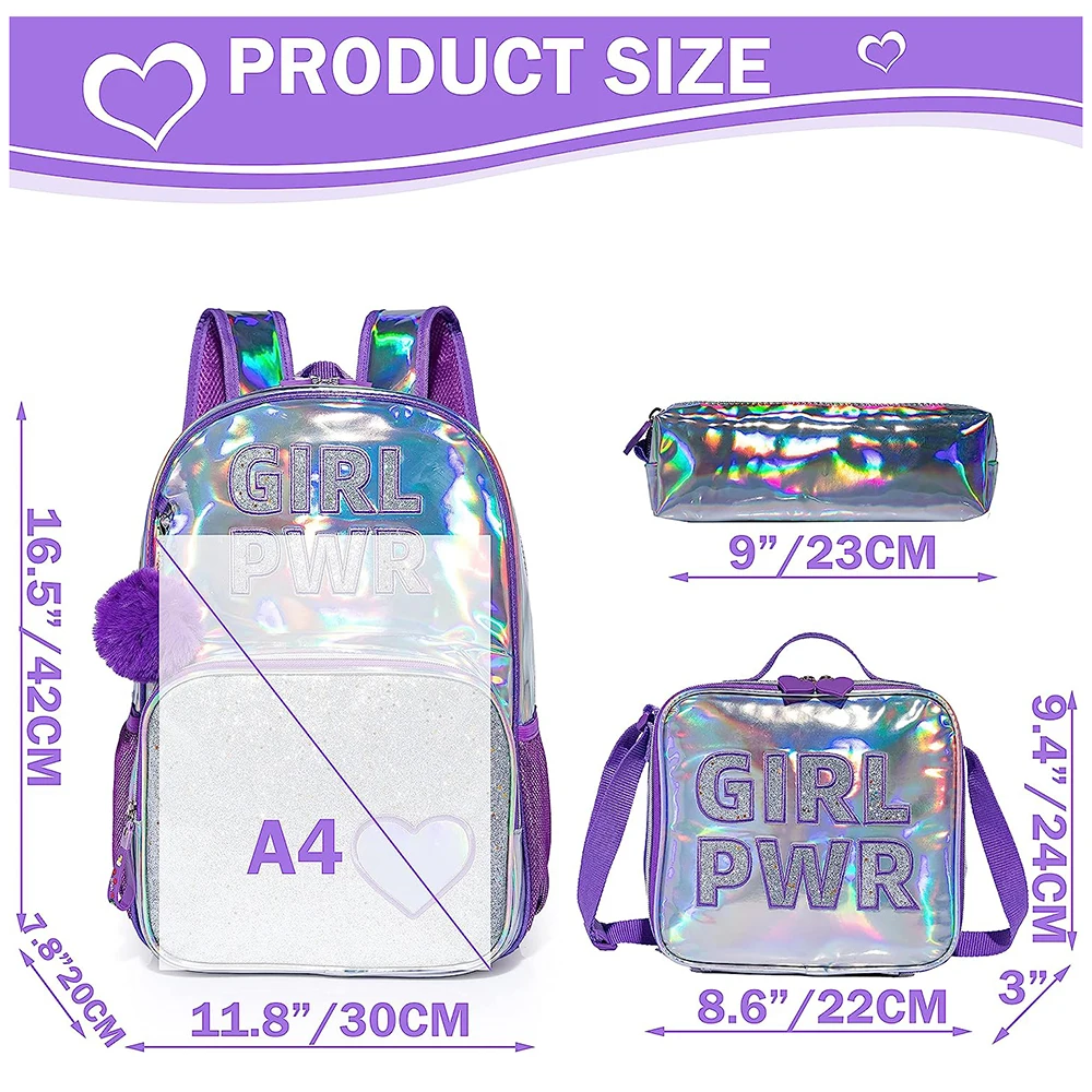 New School Backpack Girls 16 Inch Girls Backpack Sequin Backpack with Lunch Box Backpack Women Girls School Supplies Set Bags 5