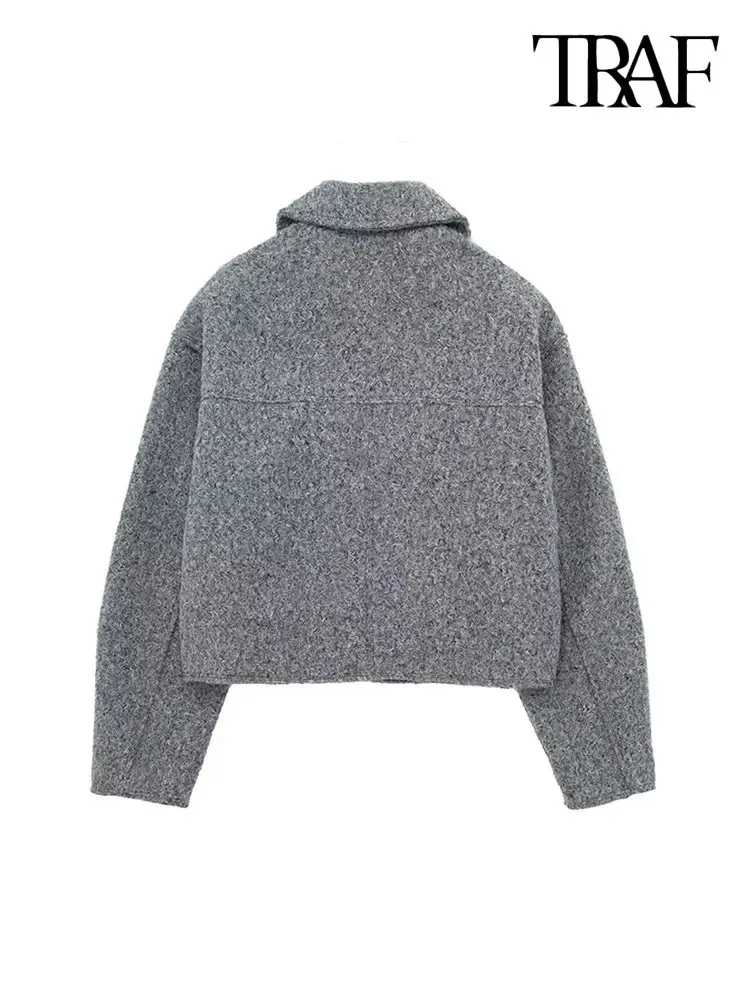 TRAF Women Fashion Patch Pockets With Flaps Cropped Jacket Coat Vintage Long Sleeve Front Zipper Female Outerwear Chic Tops 4