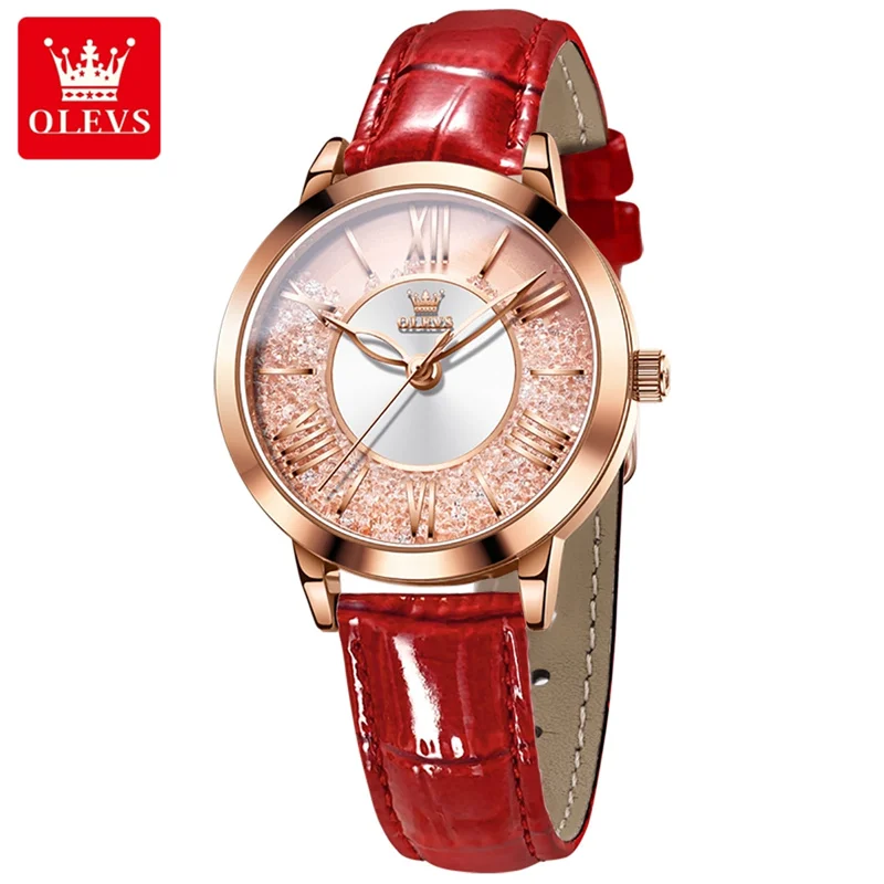 OLEVS New Luxury High Quality Fashion Women Watch Stylish Crystal Dial Red Leather Ladies Quartz Watch Girls Relogio Feminino