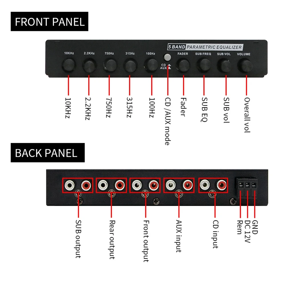 Car Audio Equalizer Adjustable 5 Bands Precise Tuning EQ Tuning Crossover Amplifier Graphic Equalizer