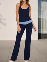 Elegant Two Piece Set with Scoop Neck Sleeveless Top and High Waisted Pants in Contrasting Colors for Women s Fashion - Image 4