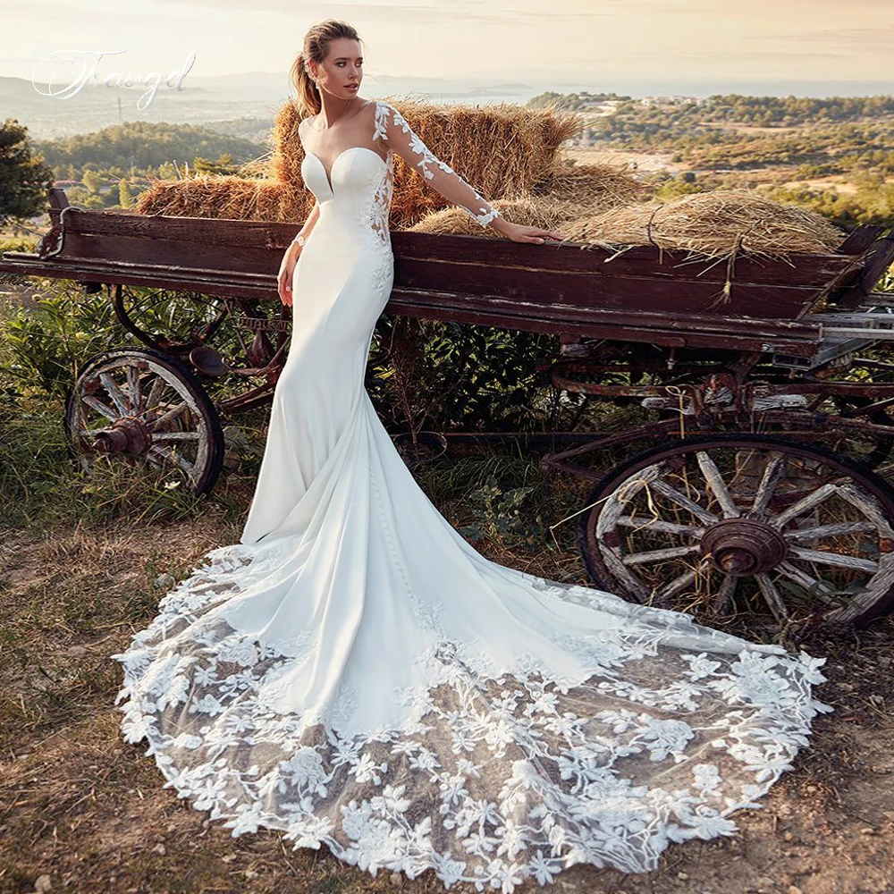 

Traugel Mermaid Satin Sexy Wedding Dresses O-Neck Long Sleeve Vestido De Novia Appliques Elegant Sheath Classsic Robe De Mariee