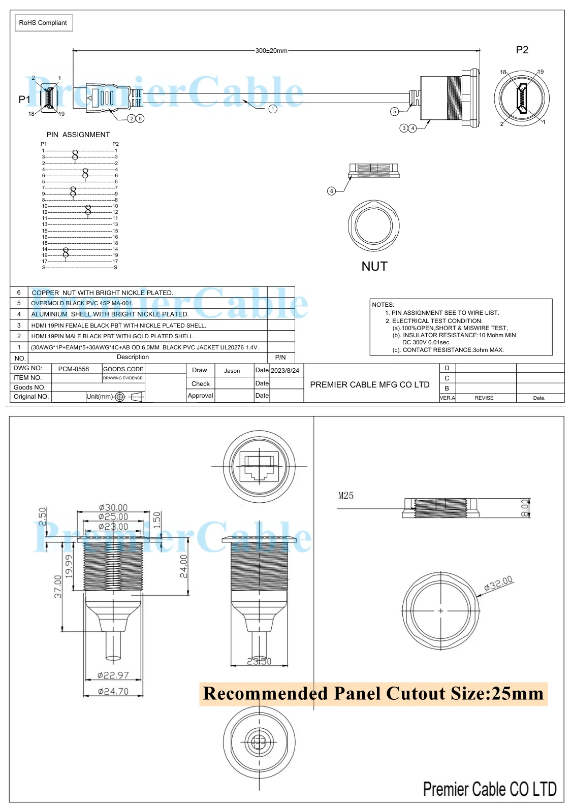 HDMI 1.4 Stecker-zu-Buchse Verlängerungskabel 4K@30Hz HDMI Flush-Dash-Panel-Mount Videokabel für TV Monitor Projektor – Detail 4