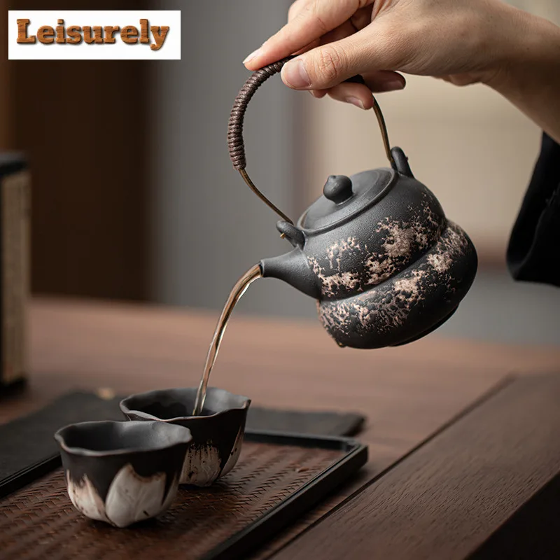 230ML Retro Black Pottery Gourd Lifting Handle Teapot Elegant Tea Infuser Pot Tea Maker Kettle with Filter Drinkware Ornaments