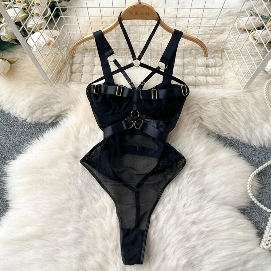 slim fit bodysuit with harness-inspired design