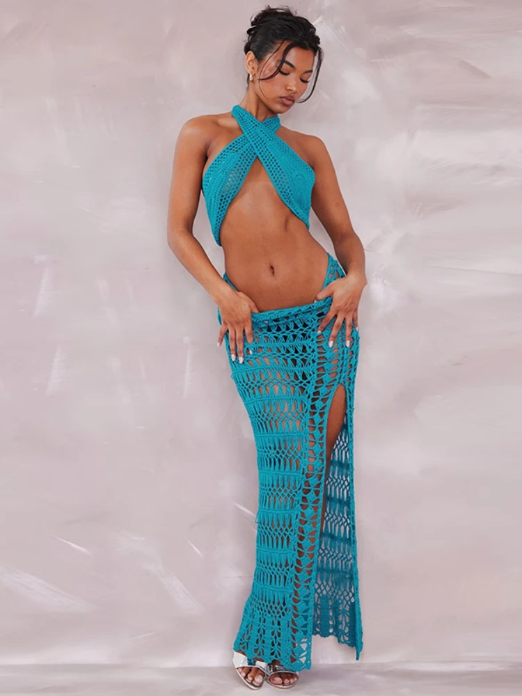 

Women's 2023 Summer New Solid Color Y2k Woolen Fabric Sexy Open Back Bra Slim Fit Perspective Half Skirt Slim Two Piece Set