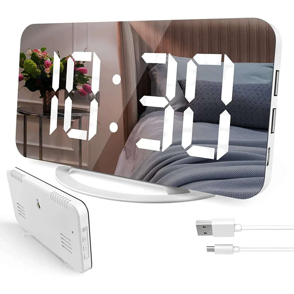 SZELAM Sveglia Digitale A Specchio LED 7,4'' Con Luce Notturna RGB E Doppia Porta USB – Comodino