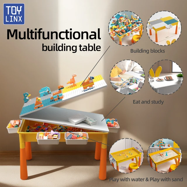 ToylinX Double-Sided Kids Activity with Storage Large Run Building Blocks Table 6-in-1 Multi Play Water Eating Table for Toddler 2