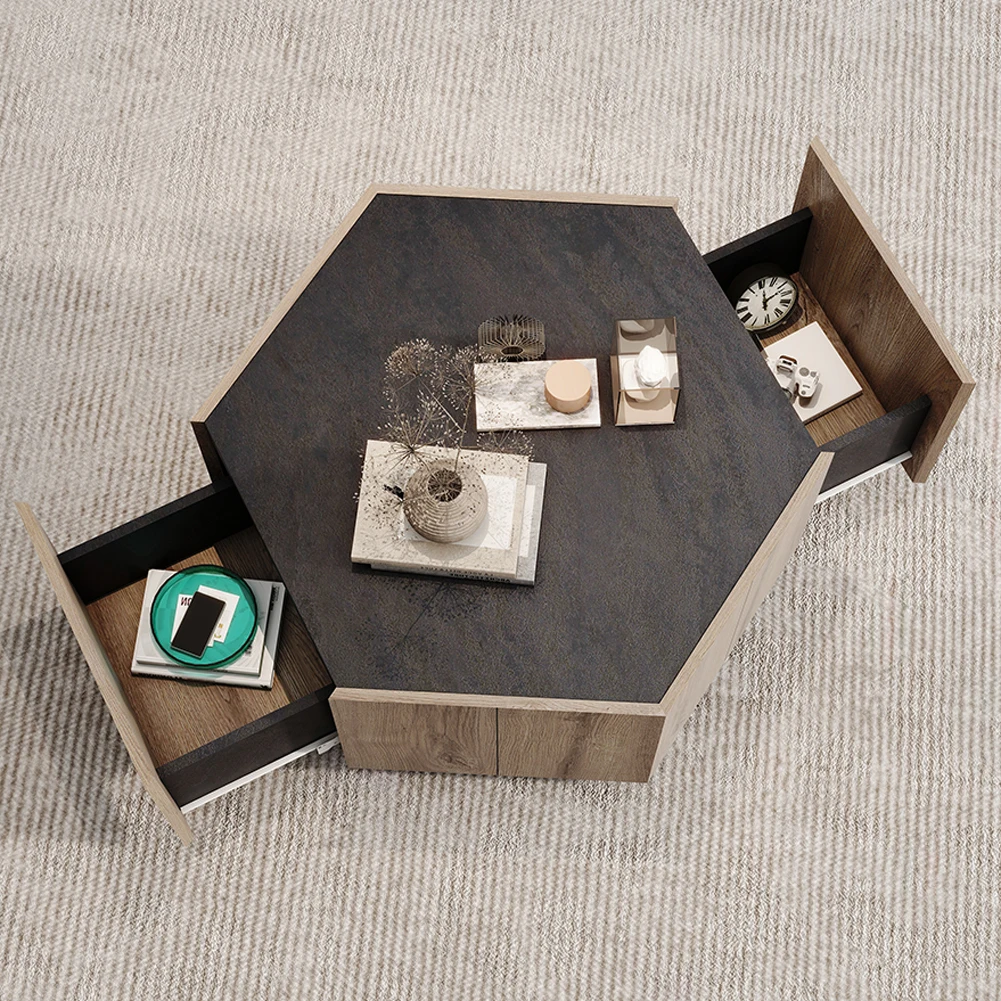 Coffee Table Hexagonal Wood Rural Style Table with 2 Storage Drawers Center Table For Living Room Bedroom Furniture 2