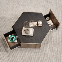 Coffee Table Hexagonal Wood Rural Style Table with 2 Storage Drawers Center Table For Living Room Bedroom Furniture 2