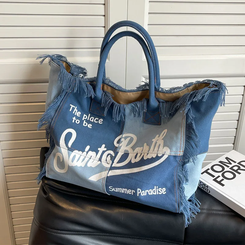 

Designer Denim Shoulder Bags Fashion Female Portable Canvas Handbag Brand Letter Printing Large Capacity Beach Tote Bag Travel