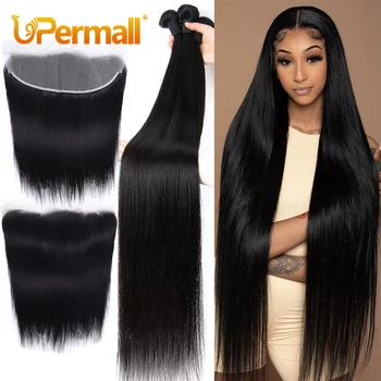 Upermall 2/3/4 Remy Straight Human Hair Bundles With Frontal Brazilian Transparent Pre Plucked 13x4 Lace Closure and Bundle 10A