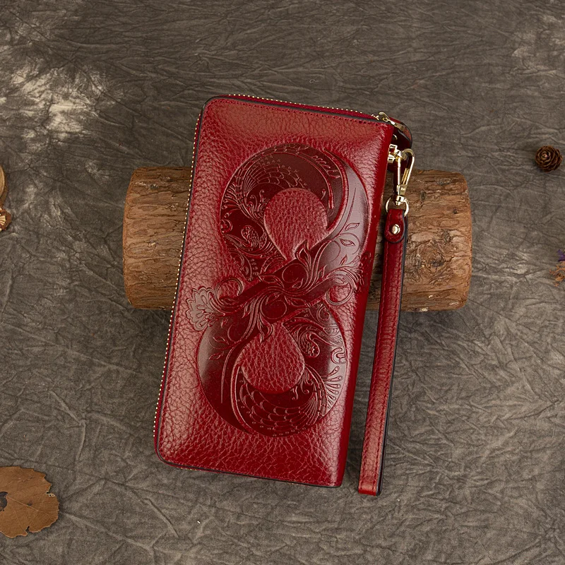 Vintage Genuine Leather Woman money clips Floral Real Cow Leather Purse Ladies First Layer Cowhide Women's clutches