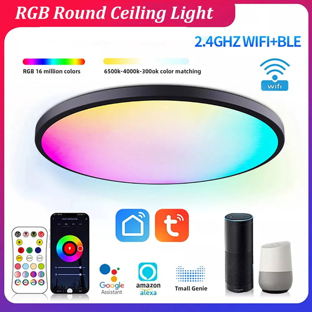 

LED Ceiling Light RGBCW Full-Color Dimming Color TUYA APP Compatible with Alexa Google For Home Bedroom LivingRoom Ambient Lamp