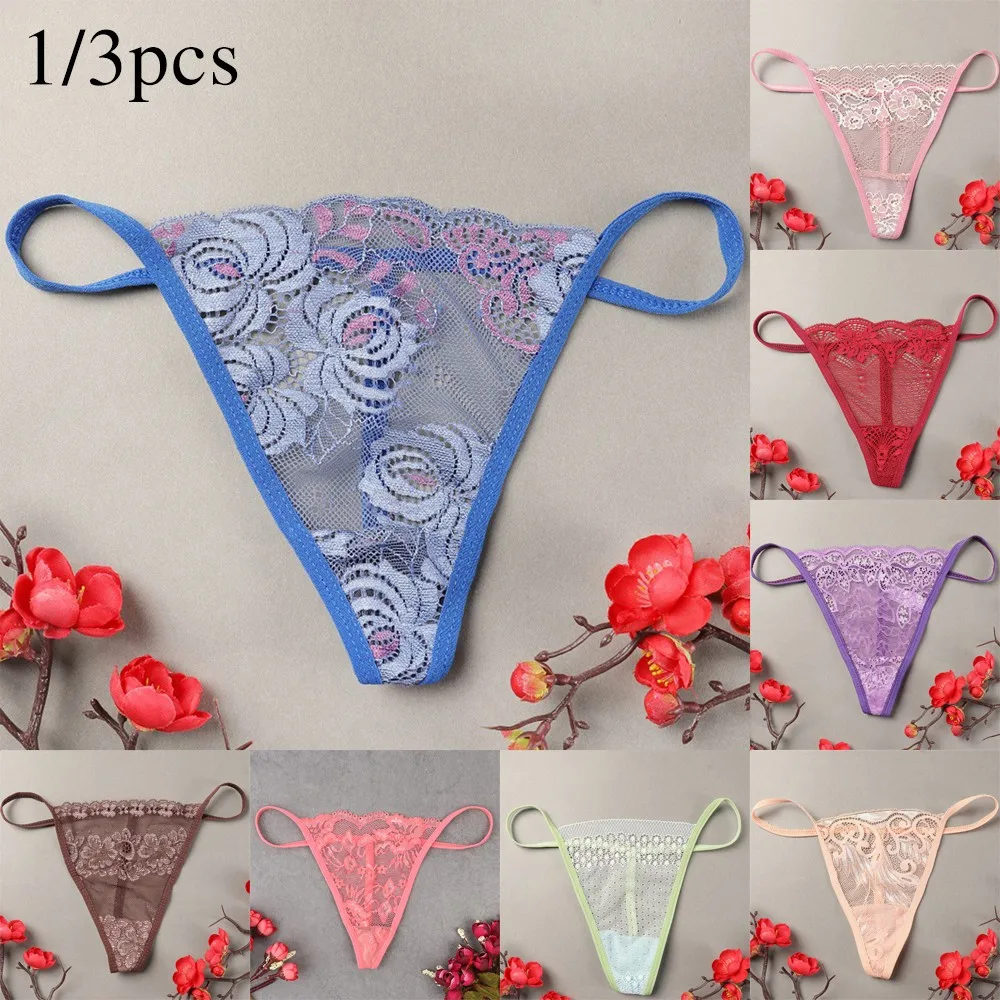 

3PCs Women Sexy Underwear Transparent Lace Thongs Erotic Lingerie G-string Panties V-string Knickers Ultra Thin Sensual Briefs