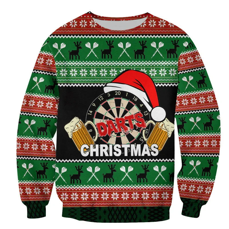 Mens Ugly Christmas Sweatshirt 3D Print Dart And Beer Graphic
