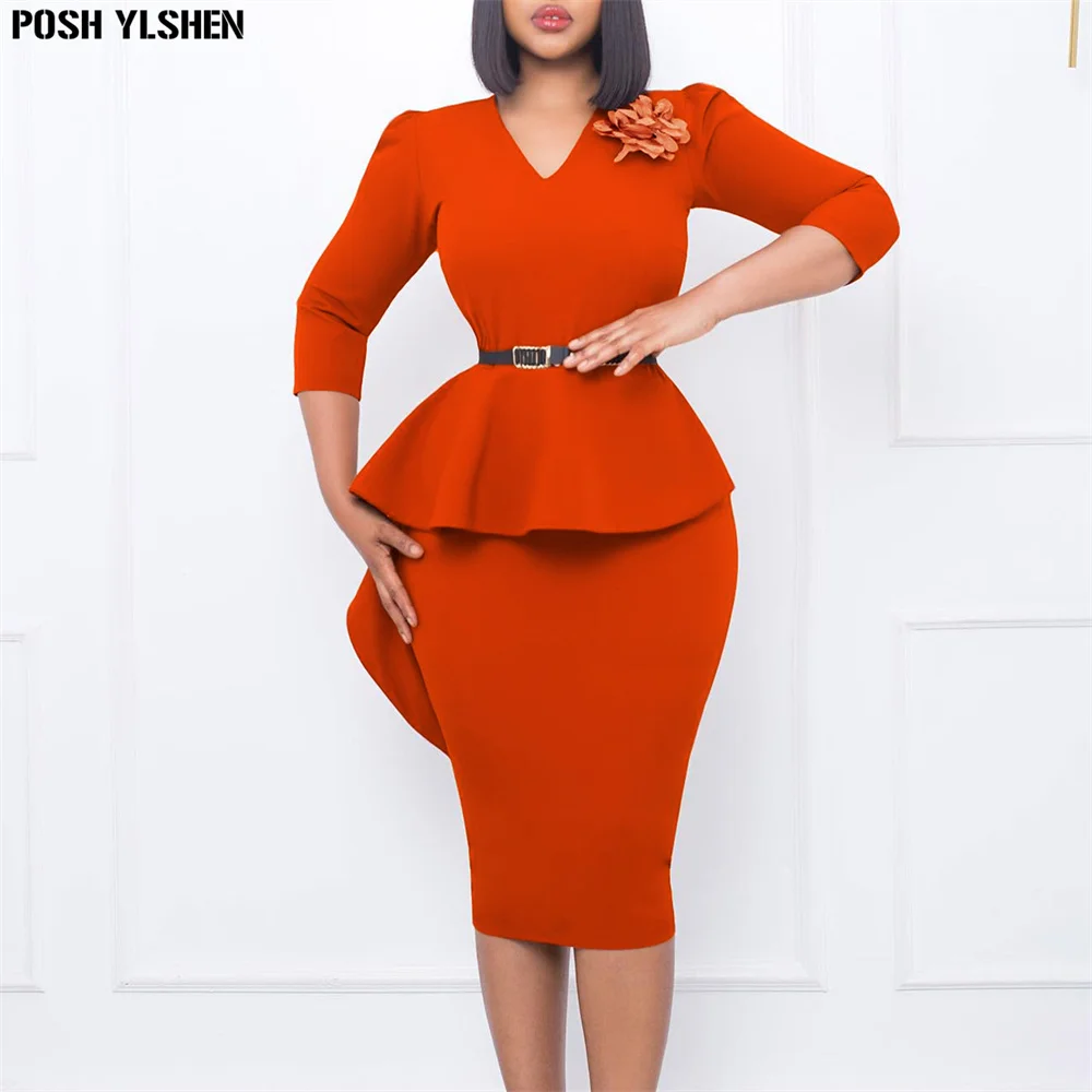 

With Belt Brooch African Party Dresses Woman 2023 Summer Sexy 3/4 Long Sleeve Peplum Elegant Christmas Evening Africa Clothing