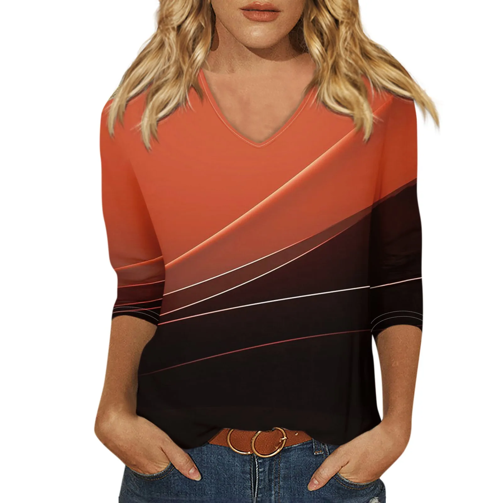 

2024 рубашка для женщин модная повседневная свободная футболка с V-образным вырезом и рукавом 3/4 топ с принтом популярная в Корейском стиле высококачественная одежда