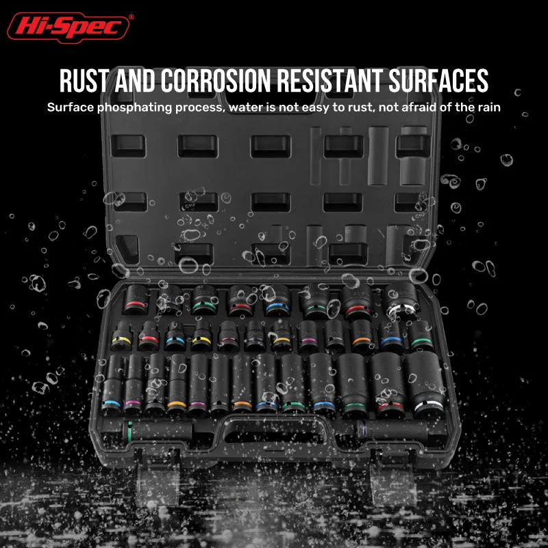Hi-Spec 35PCS 1/2" Impact Short &Long Socket Set 8-32mm For 1/2 Air Cannon Wrench Pneumatic Long Socket Nut Driver Bit Set 2