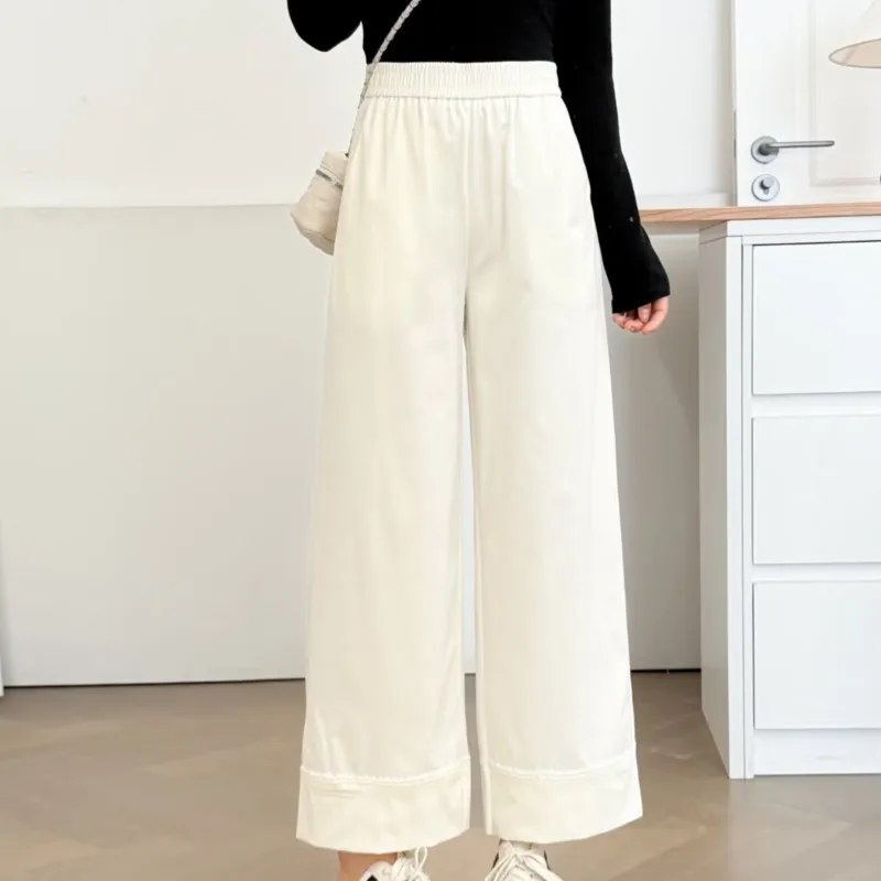 Fashion Plus Size Women's Straight Leg Pants 2025 Autumn New Style Simple Lace Patchwork Casual Ankle Length Trousers 6019