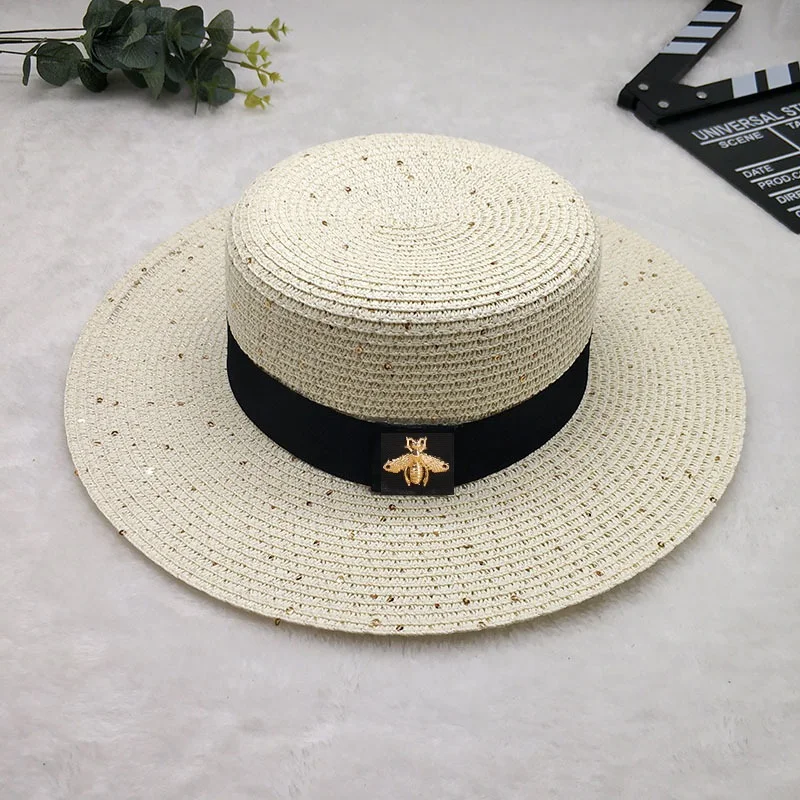 Ladies Sun Fedora Hats Small Bee Shiny Straw Hat European American Retro Gold Braided Female Sunshade Flat Sequins Hat 5