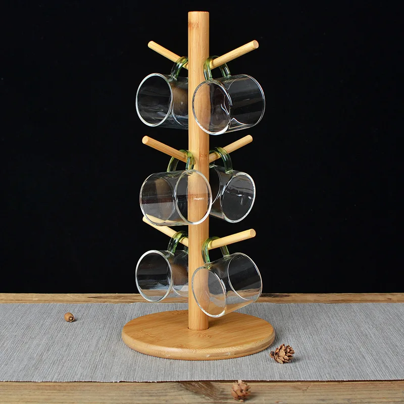1pc Tree Shape Wood Coffee Tea Cup Storage Holder Stand Mug Hanging Display Rack Drinkware Shelf 6 Hooks Home Kitchen Storage
