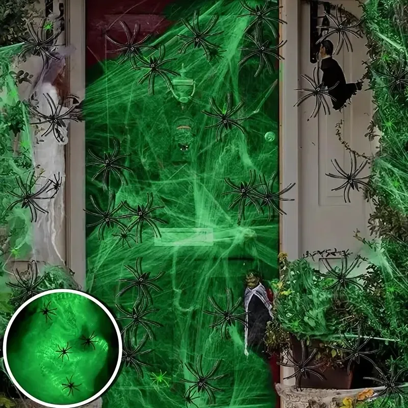 Glowing Spider Web Decoration with Luminous Cobweb and Plastic Spiders