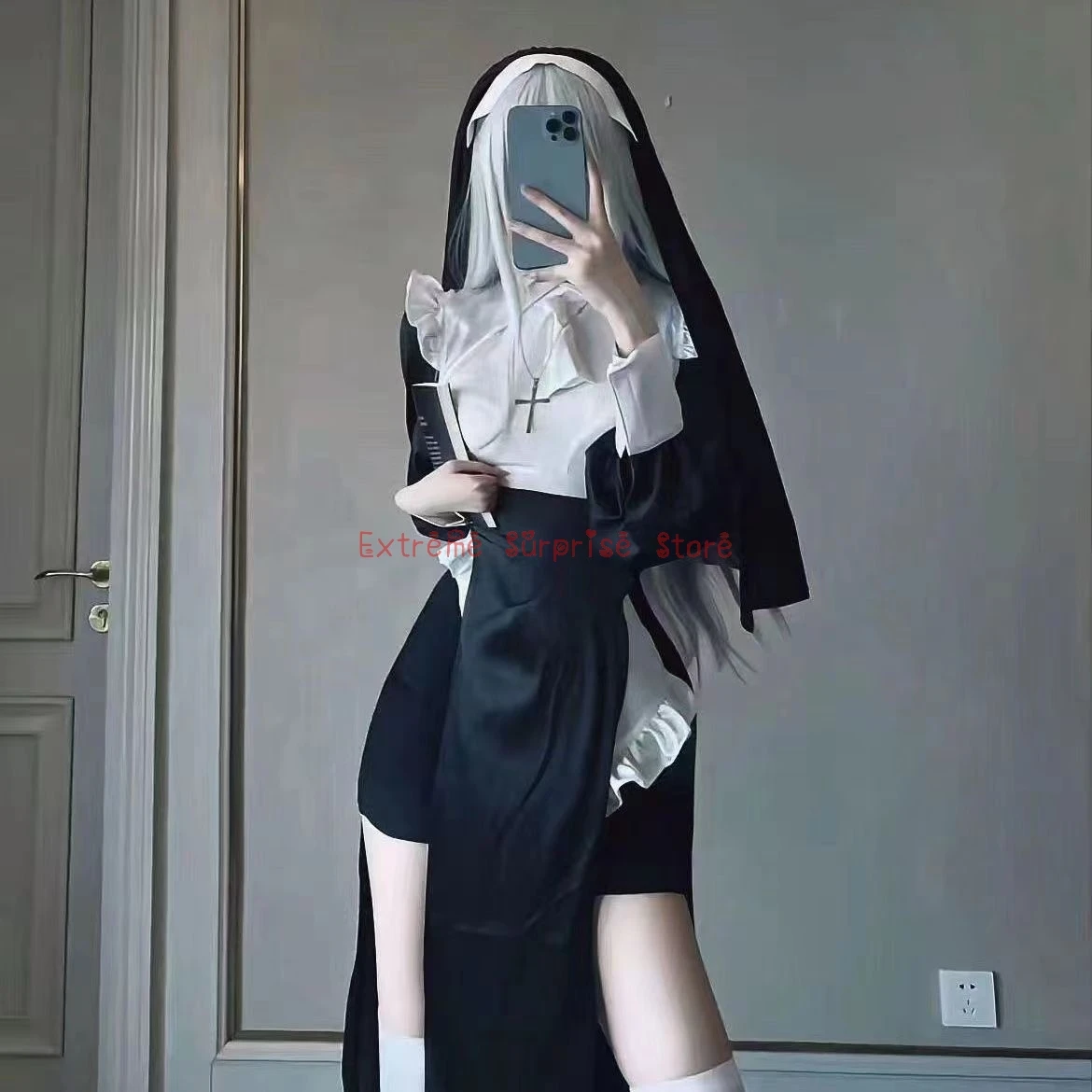Anime Xs-3xl Oversize Cosplay Chowbie Sexy Nuns Costume Uniform Black Dress Halloween Costumes